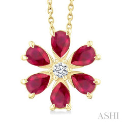 4X3 MM Floral Blossom Pear Cut Ruby and 1/20 Ctw Round Cut Diamond Precious Pendant With Chain in 14K Yellow Gold