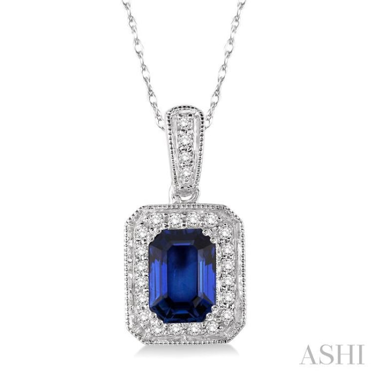 6x4 MM Emerald Shape Sapphire and 1/5 Ctw Round Cut Diamond Pendant in 14K White Gold with Chain
