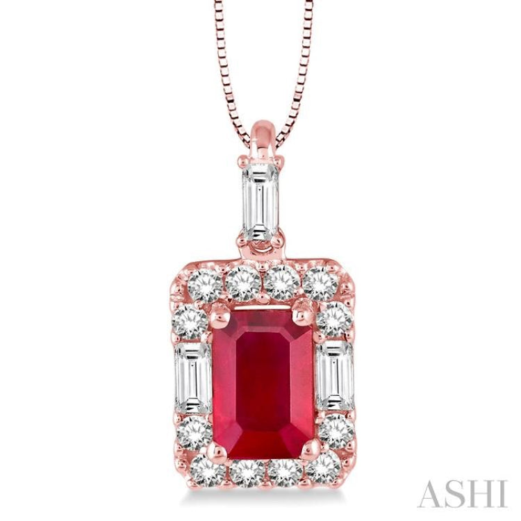 6x4 MM Octagon Cut Ruby and 1/3 Ctw Round Cut Diamond Precious Pendant in 14K Rose Gold with Chain