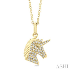 1/6 Ctw Petite Unicorn Head Round Cut Diamond Fashion Pendant With Chain in 10K Yellow Gold
