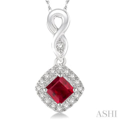 4x4 MM Cushion Shape Ruby and 1/10 Ctw Round Cut Diamond Pendant in 14K White Gold with Chain