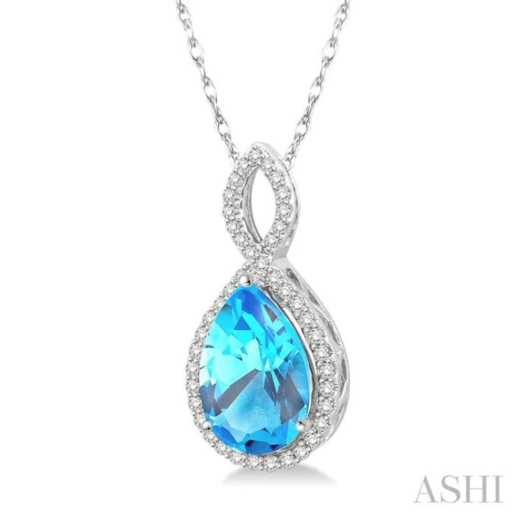 12x8 MM Entwined Pear Cut Blue Topaz and 1/4 Ctw Round Cut Diamond Semi-Precious Pendant in 10K White Gold with chain