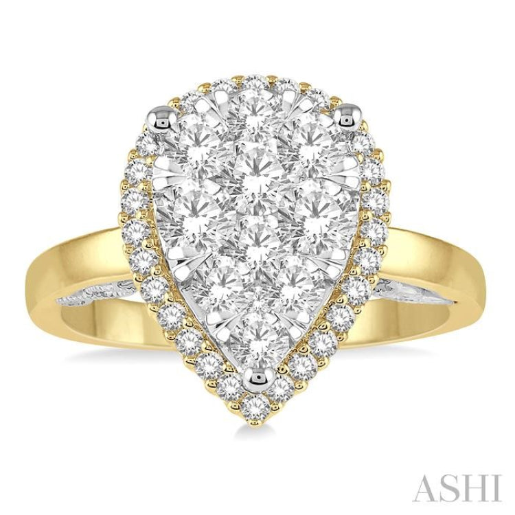 1 Ctw Round Diamond Lovebright Pear Halo Engagement Ring in 14K Yellow and White Gold