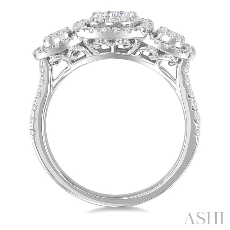 3/4 Ctw Cushion Shape Past, Present & Future Fusion Baguette and Round Cut Diamond Engagement Ring in 14K White Gold