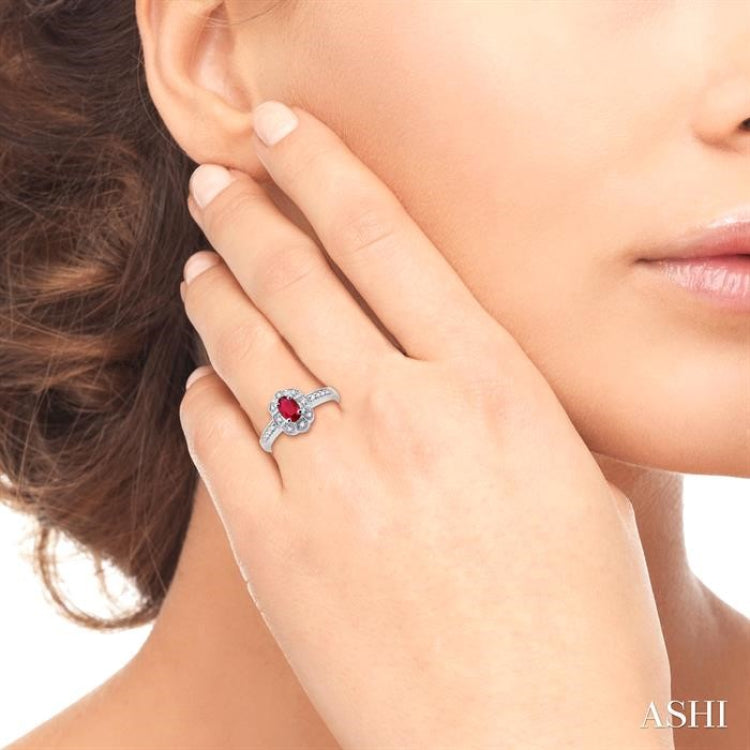 6x4 MM Oval Cut Ruby and 1/6 Ctw Round Cut Diamond Ring in 14K White Gold
