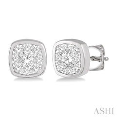 3/4 Ctw Cushion Shape Round Cut Diamond Lovebright Bezel Stud Earrings in 14K White Gold