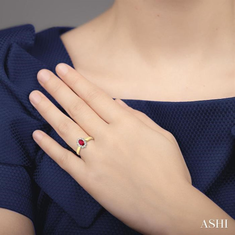 6x4MM Oval Cut Ruby and 1/5 Ctw Round Cut Diamond Ring in 14K Yellow Gold