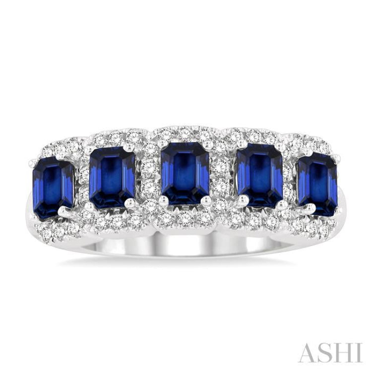 4x3 MM Emerald Shape Sapphire and 1/2 Ctw Round Cut Diamond Precious Wedding Band in 14K White Gold