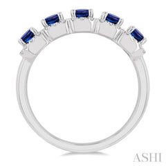 4x3 MM Emerald Shape Sapphire and 1/2 Ctw Round Cut Diamond Precious Wedding Band in 14K White Gold