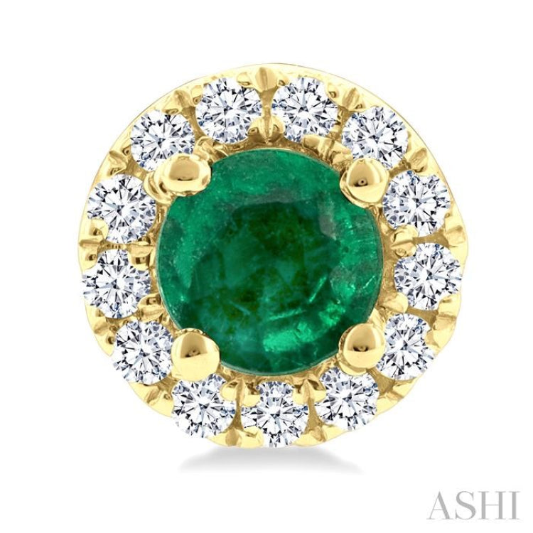 3.25 MM Round Emerald and 1/10 Ctw Round Cut Diamond Halo Precious Stud Earrings in 10K Yellow Gold