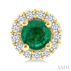 3.25 MM Round Emerald and 1/10 Ctw Round Cut Diamond Halo Precious Stud Earrings in 10K Yellow Gold