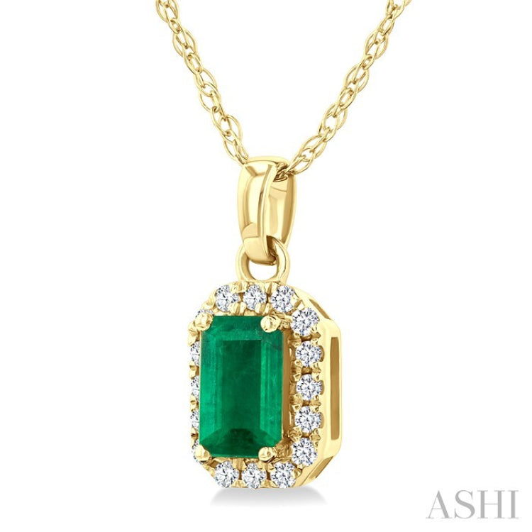 5x3 MM Octagonal Shape Emerald and 1/20 Ctw Round Cut Diamond Halo Precious Pendant with Chain in 10K Yellow Gold