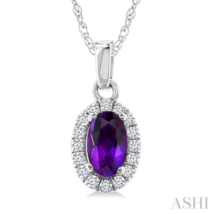 5x3 MM Oval Shape Amethyst and 1/20 Ctw Round Cut Diamond Halo Semi-Precious Pendant with Chain in 10K White Gold
