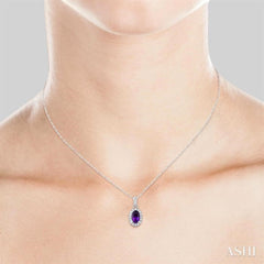 5x3 MM Oval Shape Amethyst and 1/20 Ctw Round Cut Diamond Halo Semi-Precious Pendant with Chain in 10K White Gold