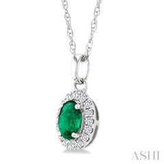 5x3 MM Oval Shape Emerald and 1/20 Ctw Round Cut Diamond Halo Precious Pendant with Chain in 10K White Gold
