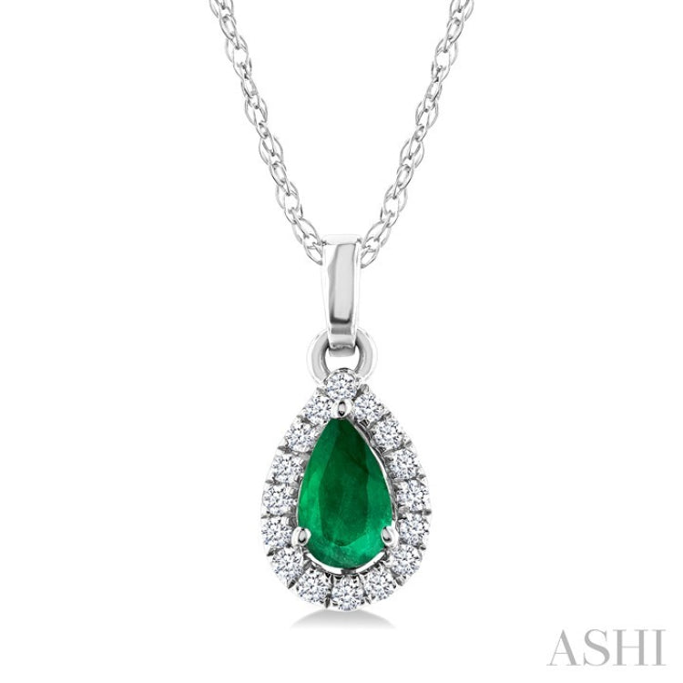 5x3 MM Pear Shape Emerald and 1/20 Ctw Round Cut Diamond Halo Precious Pendant with Chain in 10K White Gold