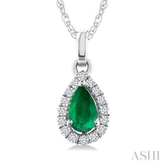 5x3 MM Pear Shape Emerald and 1/20 Ctw Round Cut Diamond Halo Precious Pendant with Chain in 10K White Gold