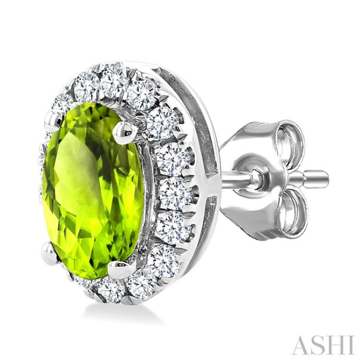 5x3 MM Oval Shape Peridot and 1/8 Ctw Round Cut Diamond Halo Semi-Precious Stud Earrings in 10K White Gold