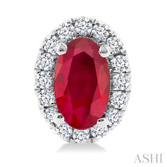 5x3 MM Oval Shape Ruby and 1/8 Ctw Round Cut Diamond Halo Precious Stud Earrings in 10K White Gold