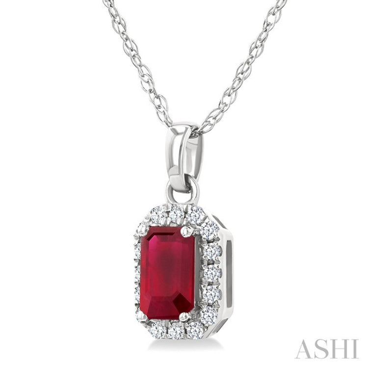 5x3 MM Octagonal Shape Ruby and 1/20 Ctw Round Cut Diamond Halo Precious Pendant with Chain in 10K White Gold