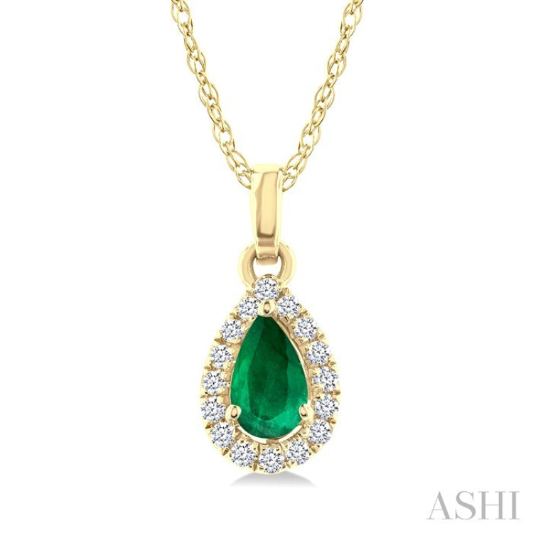 5x3 MM Pear Shape Emerald and 1/20 Ctw Round Cut Diamond Halo Precious Pendant with Chain in 10K Yellow Gold