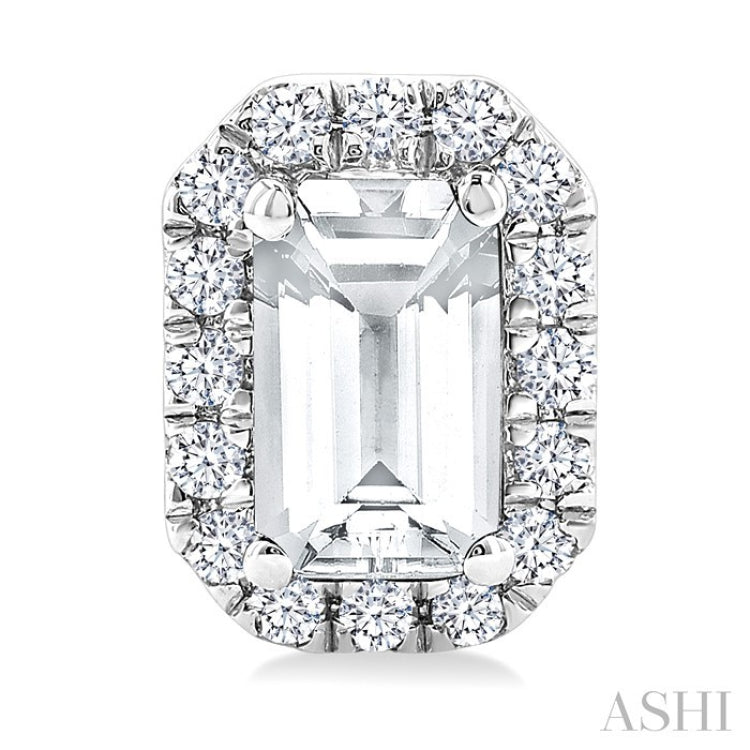 5x3 MM Octagonal Shape White Topaz and 1/8 Ctw Round Cut Diamond Halo Semi-Precious Stud Earrings in 10K White Gold