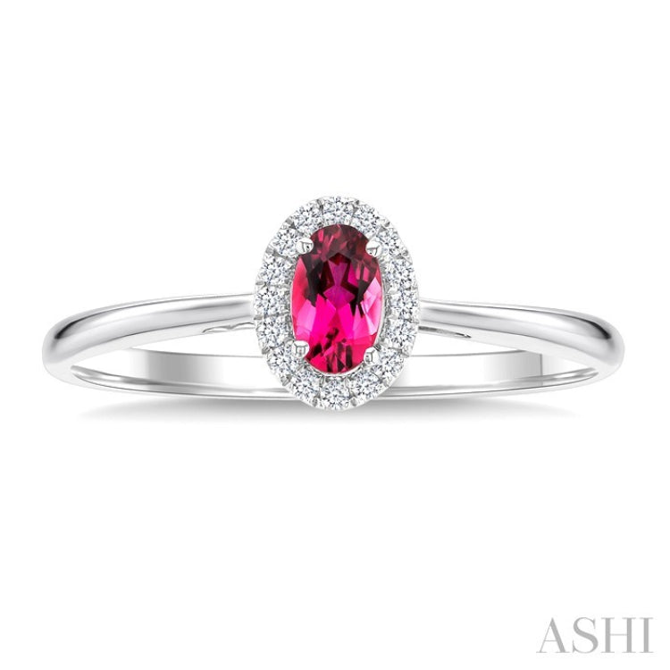 5x3 MM Oval Shape Pink Tourmaline and 1/20 Ctw Round Cut Diamond Halo Semi-Precious Ring in 10K White Gold