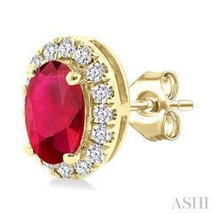 5x3 MM Oval Shape Ruby and 1/8 Ctw Round Cut Diamond Halo Precious Stud Earrings in 10K Yellow Gold