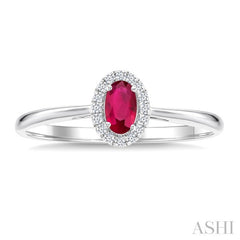 5x3 MM Oval Shape Ruby and 1/20 Ctw Round Cut Diamond Halo Precious Ring in 10K White Gold