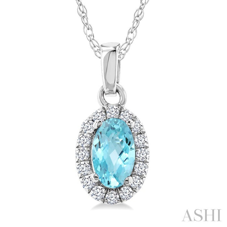 5x3 MM Oval Shape Aquamarine and 1/20 Ctw Round Cut Diamond Halo Semi-Precious Pendant with Chain in 10K White Gold