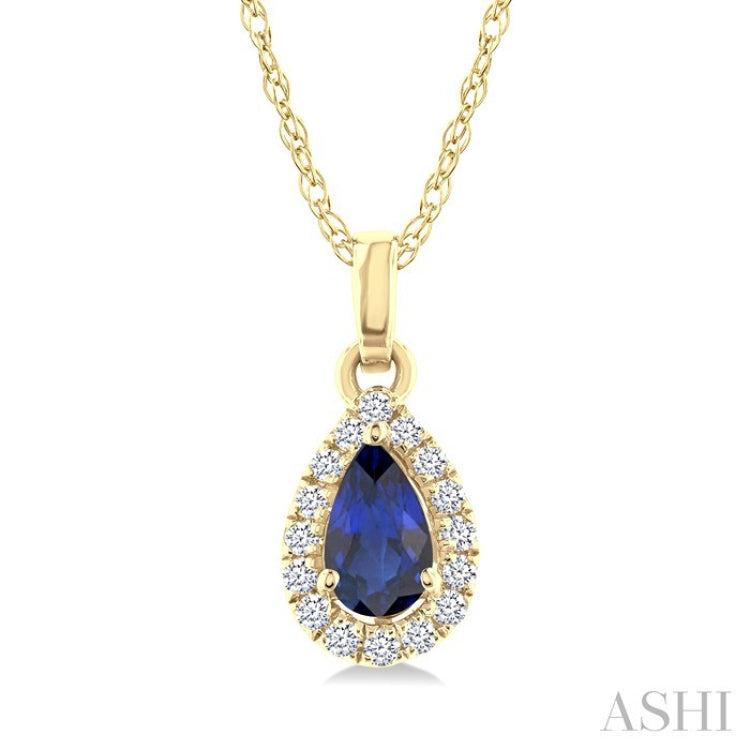 5x3 MM Pear Shape Sapphire and 1/20 Ctw Round Cut Diamond Halo Precious Pendant with Chain in 10K Yellow Gold