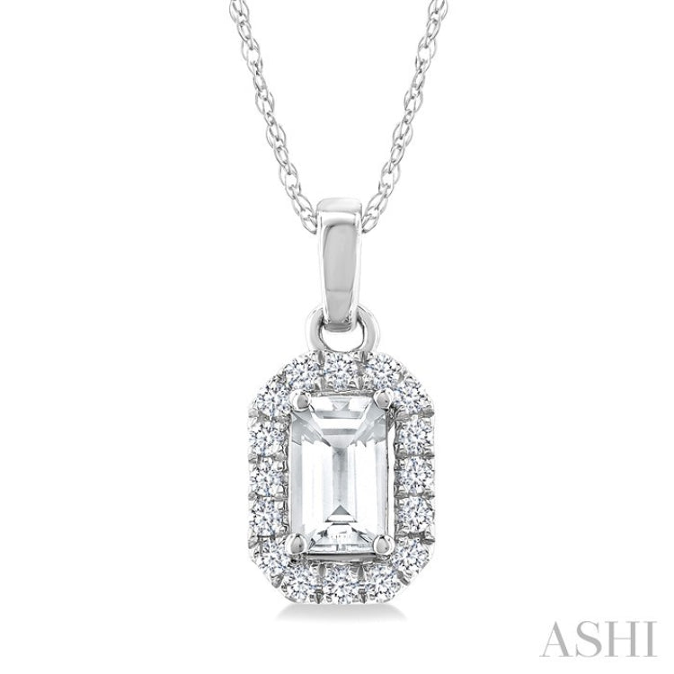 5x3 MM Octagonal Shape White Topaz and 1/20 Ctw Round Cut Diamond Halo Semi-Precious Pendant with Chain in 10K White Gold