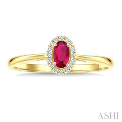 5x3 MM Oval Shape Ruby and 1/20 Ctw Round Cut Diamond Halo Precious Ring in 10K Yellow Gold