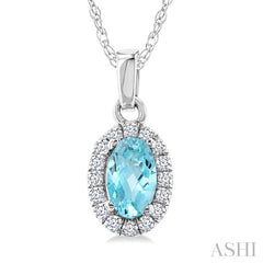5x3 MM Oval Shape Aquamarine and 1/20 Ctw Round Cut Diamond Halo Semi-Precious Pendant with Chain in 14K White Gold