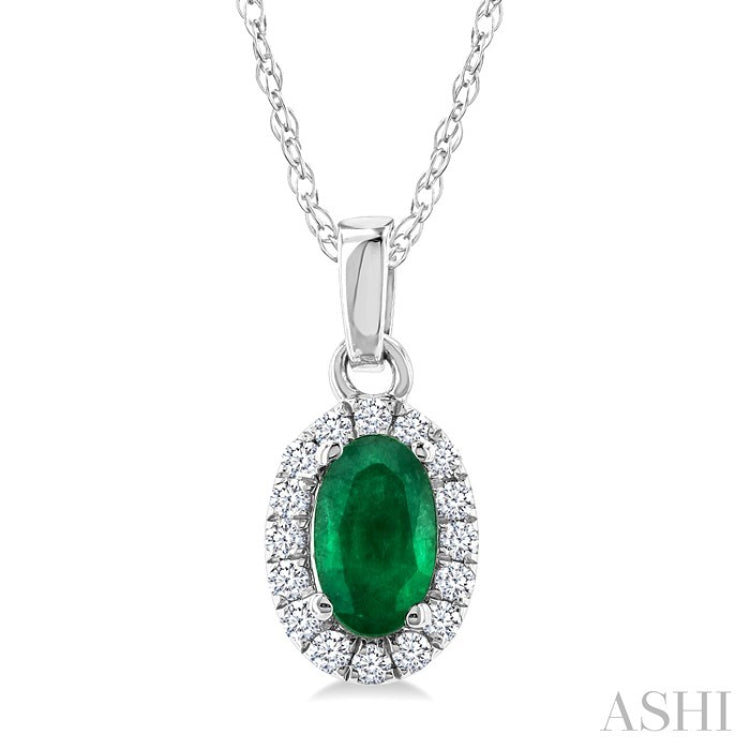 5x3 MM Oval Shape Emerald and 1/20 Ctw Round Cut Diamond Halo Precious Pendant with Chain in 14K White Gold