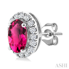 5x3 MM Oval Shape Pink Tourmaline and 1/8 Ctw Round Cut Diamond Halo Semi-Precious Stud Earrings in 10K White Gold