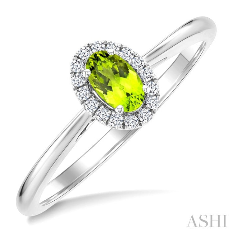 5x3 MM Oval Shape Peridot and 1/20 Ctw Round Cut Diamond Halo Semi-Precious Ring in 10K White Gold