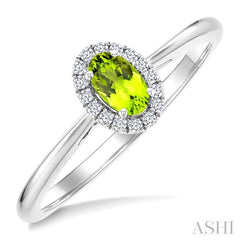 5x3 MM Oval Shape Peridot and 1/20 Ctw Round Cut Diamond Halo Semi-Precious Ring in 10K White Gold