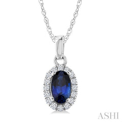 5x3 MM Oval Shape Sapphire and 1/20 Ctw Round Cut Diamond Halo Precious Pendant with Chain in 14K White Gold
