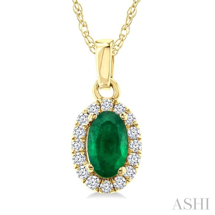 5x3 MM Oval Shape Emerald and 1/20 Ctw Round Cut Diamond Halo Precious Pendant with Chain in 10K Yellow Gold