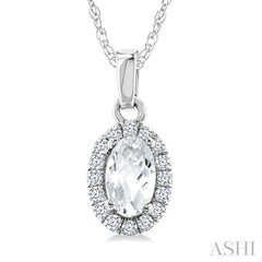 5x3 MM Oval Shape White Topaz and 1/20 Ctw Round Cut Diamond Halo Semi-Precious Pendant with Chain in 14K White Gold