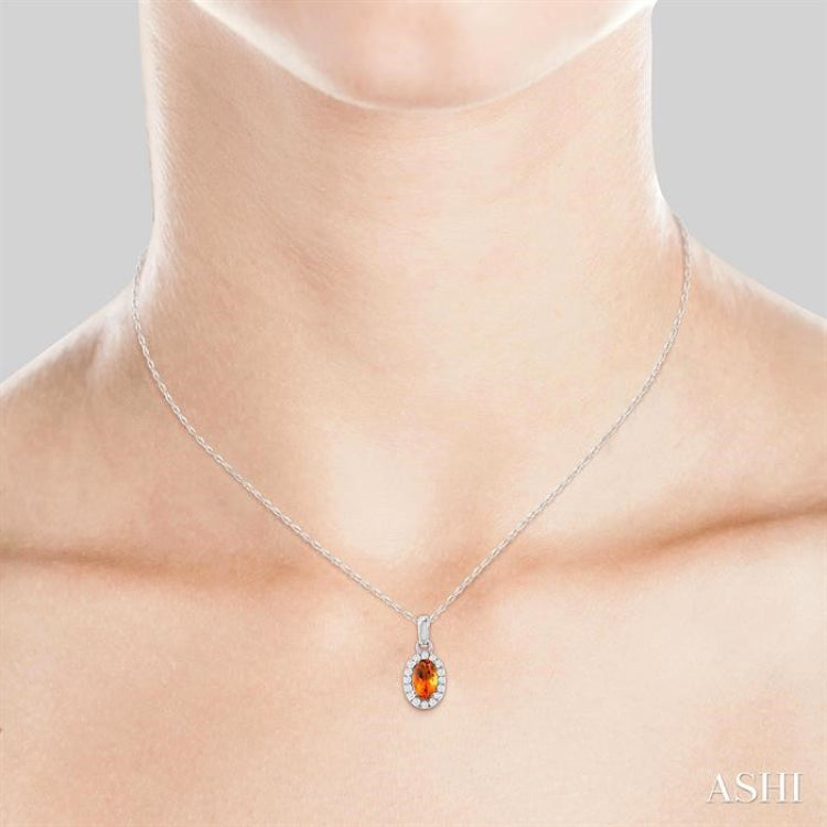 5x3 MM Oval Shape Citrine and 1/20 Ctw Round Cut Diamond Halo Semi-Precious Pendant with Chain in 10K White Gold