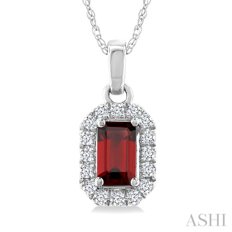 5x3 MM Octagonal Shape Garnet and 1/20 Ctw Round Cut Diamond Halo Semi-Precious Pendant with Chain in 10K White Gold