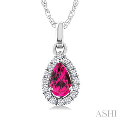 5x3 MM Pear Shape Pink Tourmaline and 1/20 Ctw Round Cut Diamond Halo Semi-Precious Pendant with Chain in 10K White Gold