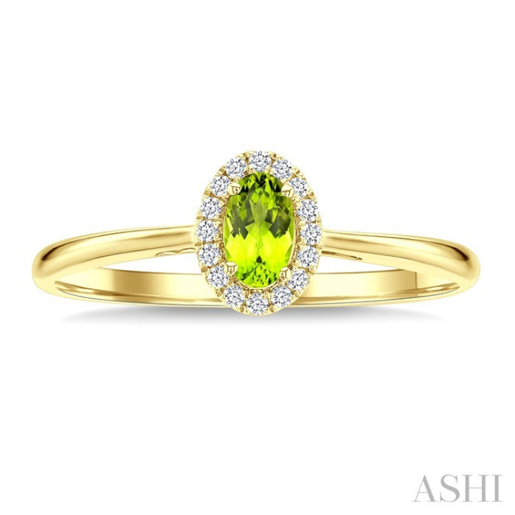 5x3 MM Oval Shape Peridot and 1/20 Ctw Round Cut Diamond Halo Semi-Precious Ring in 10K Yellow Gold