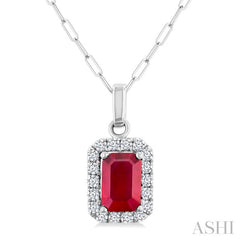 6x4 MM Octagonal Shape Ruby and 1/6 Ctw Round Cut Diamond Halo Precious Pendant with Chain in 10K White Gold