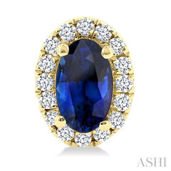 5x3 MM Oval Shape Sapphire and 1/8 Ctw Round Cut Diamond Halo Precious Stud Earrings in 10K Yellow Gold