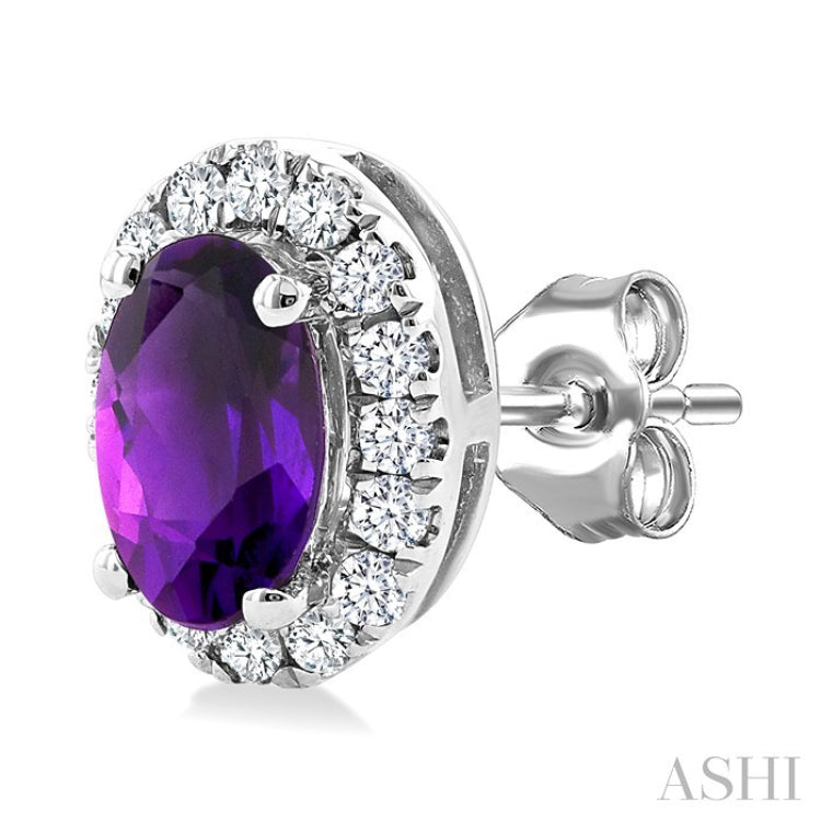 5x3 MM Oval Shape Amethyst and 1/8 Ctw Round Cut Diamond Halo Semi-Precious Stud Earrings in 14K White Gold