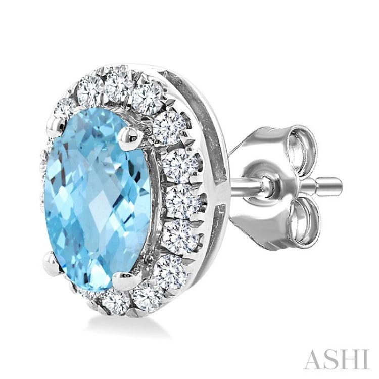 5x3 MM Oval Shape Aquamarine and 1/8 Ctw Round Cut Diamond Halo Semi-Precious Stud Earrings in 14K White Gold