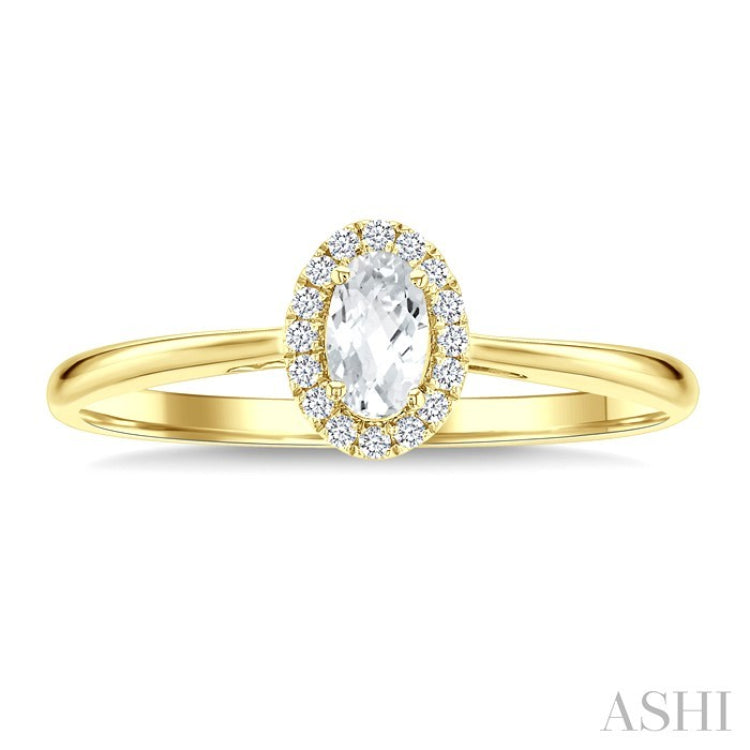 5x3 MM Oval Shape White Topaz and 1/20 Ctw Round Cut Diamond Halo Semi-Precious Ring in 10K Yellow Gold